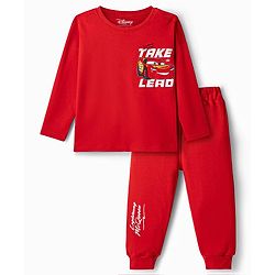 Bonfino Disney 100% Cotton Knit Full Sleeves T-Shirt & Pyjama Night Suit With Car Graphic - Red