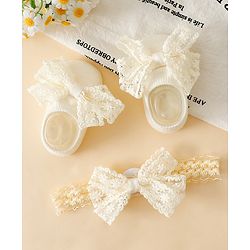 Bonfino Kids Lace Bow Socks & Matching Headband Combo Set - Off White