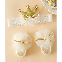 Bonfino Newborn Princess Headband & Crown Socks Combo Set - Off White