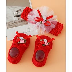 Bonfino Floral Headband and Scarlet Petals Baby Booties Combo Set - Red