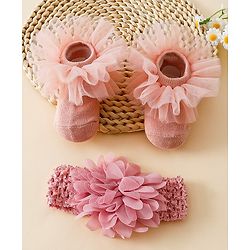 Bonfino Bonfino Floral Headband and Baby Booties Combo Set - Pink