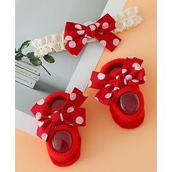 Bonfino Hair Accessories With Little Bow Baby Booties & Headband Combo Set - Red