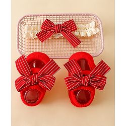 Bonfino Hair Accessories With Little Bow Charm Baby Booties Combo Set - Red