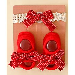 Bonfino Hair Accessories With Little Bow Charm Baby Booties Combo Set - Red