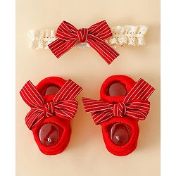 Bonfino Hair Accessories With Little Bow Charm Baby Booties Combo Set - Red