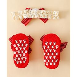 Bonfino Hair Accessories With Little Bow Charm Baby Booties Combo Set - Red