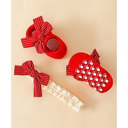 Bonfino Hair Accessories With Little Bow Charm Baby Booties Combo Set - Red