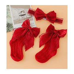 Bonfino Hair Accessories Bow Charm Cozy Socks & Headband Combo Set - Red