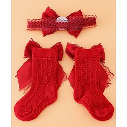 Bonfino Hair Accessories Bow Charm Cozy Socks & Headband Combo Set - Red