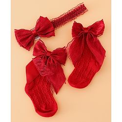 Bonfino Hair Accessories Bow Charm Cozy Socks & Headband Combo Set - Red
