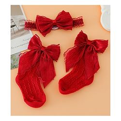Bonfino Hair Accessories Bow Charm Cozy Socks & Headband Combo Set - Red
