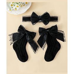 Bonfino Hair Accessories With Princess Bow Lace Socks & Headband Set - Black