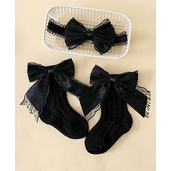 Bonfino Hair Accessories With Princess Bow Lace Socks & Headband Set - Black