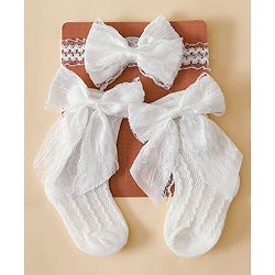 Bonfino Hair Accessories With Elegant Bow Socks & Headband - White