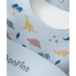 Bonfino Silicone Baby Bibs with Crumb Catcher - Dusty Blue| Adjustable Fit| Soft & Comfortable| Foldable & Travel Friendly| Easy to Clean| Feeding Essential For Babies| Button Closure