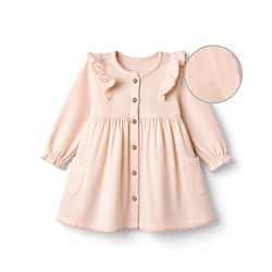 Bonfino Cotton Elastane Woven Mix 'n' Match Fit & Flare Rib & Double Gauze Dress With Full Sleeves and Frill Detail - Pink