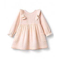Bonfino Cotton Elastane Woven Mix 'n' Match Fit & Flare Rib & Double Gauze Dress With Full Sleeves and Frill Detail - Pink