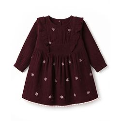 Bonfino 100% Cotton Woven Full Sleeves Floral Embroidered Double Gauze Dress With Frill Detailing - Burgundy