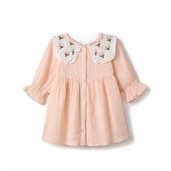 Bonfino 100% Cotton Woven Fit and Flare Dress with Full Sleeves and Floral Embroidery in Pink