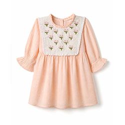 Bonfino 100% Cotton Woven Fit and Flare Dress with Full Sleeves and Floral Embroidery in Pink