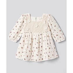 Bonfino 100% Cotton Woven Full Sleeves Frock With Floral Print & Applique - White