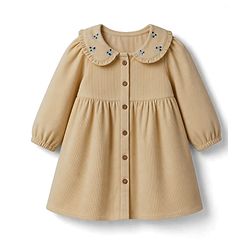 Bonfino Woven 100% Cotton Corduroy Fit & Flare Dress With Collar Detail & Floral Embroidery - Beige