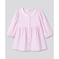 Bonfino 100% Cotton Woven Full Sleeves Striped Corduroy Fit & Flare Dress With Lace Collar - Pink