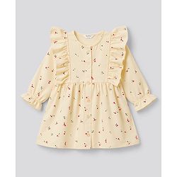 Bonfino 100% Cotton Woven Full Sleeves Floral Printed Fit & Flared Frock With Frill Detailing - Yellow