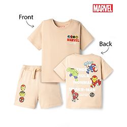 Bonfino Marvel Interlock Knit Half Sleeves T-Shirt & Shorts With Marvel Graphic - Beige