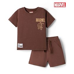 Bonfino Marvel Interlock Knit Half Sleeves T-Shirt & Shorts With Marvel Graphic - Brown