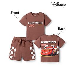 Bonfino Disney 100% Cotton Knit Half Sleeves T-Shirt & Shorts Set With Front & Back Cars Graphic - Brown