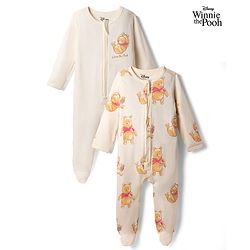 Bonfino Disney 100% Cotton Interlock Knit Full Sleeves Sleep Suits with Winnie the Pooh Print Pack of 2 - Off White