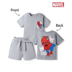 Bonfino Marvel 100% Cotton Knit Half Sleeves T-Shirt & Shorts Set With Front & Back Spider Man Graphic - Silver