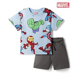 Bonfino Marvel Interlock Knit Half Sleeves T-Shirt & Shorts Set with Avengers Graphics - Light Blue