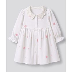 Bonfino 100% Cotton Woven Fit And Flare Dress with Full Sleeves and Floral Embroidery in White