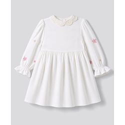 Bonfino 100% Cotton Woven Fit And Flare Dress with Full Sleeves and Floral Embroidery in White