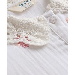 Bonfino 100% Cotton Woven Fit And Flare Dress with Full Sleeves and Floral Embroidery in White