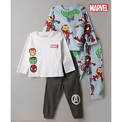 Bonfino Marvel Single Jersey Knit Full Sleeves Co-Ords T-Shirt & Pyjama Night Suit with Avengers Graphics Pack of 2 - White & Sky Blue