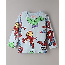 Bonfino Marvel Single Jersey Knit Full Sleeves Co-Ords T-Shirt & Pyjama Night Suit with Avengers Graphics Pack of 2 - White & Sky Blue