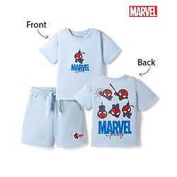 Bonfino Marvel 100% Cotton Knit Half Sleeves T-Shirt & Shorts Set With Spider Man Graphic - Light Blue