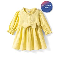 Bonfino Cotton Woven Frock Full Sleeve Fit & Flare with Self Fabric Bow Yellow 2-3 Years