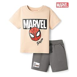 Bonfino Marvel Interlock Knit Half Sleeves T-Shirt & Shorts With Marvel Graphic - Peach