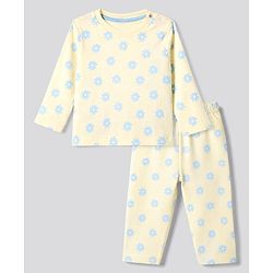 Bonfino 100% Cotton Knit Full Sleeves T-Shirt & Pant Co-ords Set With Floral Print - Light Yellow