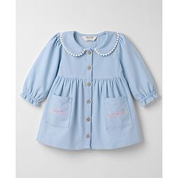Bonfino 100% Cotton Woven Full Sleeves Heart Embroidered Corduroy Fit & Flare Dress Collar Detail - Light Blue