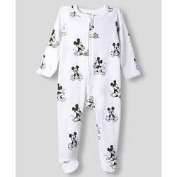 Bonfino Disney 100% Cotton Interlock Knit Full Sleeves Sleepsuits with Mickey Mouse Graphic Print Pack of 2 - Navy Blue & White