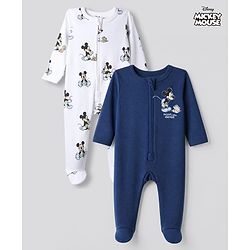 Bonfino Disney 100% Cotton Interlock Knit Full Sleeves Sleepsuits with Mickey Mouse Graphic Print Pack of 2 - Navy Blue & White
