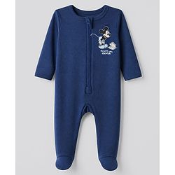 Bonfino Disney 100% Cotton Interlock Knit Full Sleeves Sleepsuits with Mickey Mouse Graphic Print Pack of 2 - Navy Blue & White