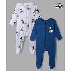 Bonfino Disney 100% Cotton Interlock Knit Full Sleeves Sleep Suits with Mickey Mouse Graphic Print Pack of 2 - Navy Blue & White