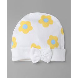 Bonfino 100% Cotton Knit Cap, Mittens & Booties with Floral Print and Bow White - Diameter 10 cm