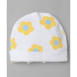 Bonfino 100% Cotton Knit Cap, Mittens & Booties with Floral Print and Bow White - Diameter 10 cm